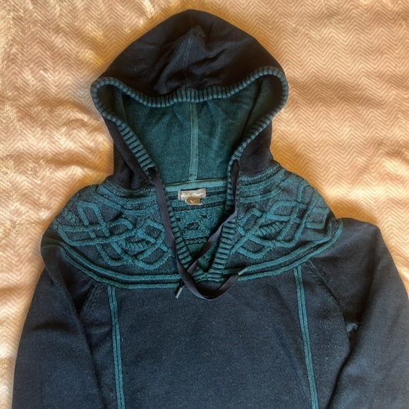 Eddie Bauer Knit Hoodie Teal Navy Cable Design sz M - Picture 2 of 9